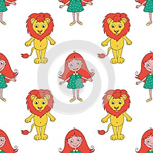 Cartoon lion and funny girl seamless pattern