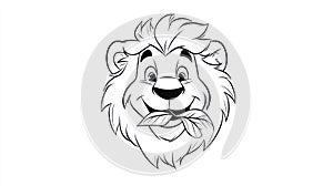 Happy Cartoon Lion Face with Leaf in Mouth, Outline Style