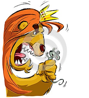 Cartoon lion holding a mouse frightening it