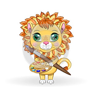 Cartoon lion with a palette of paints and a brush. Character artist, painter