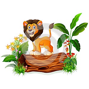 Cartoon lion posing on tree trunk