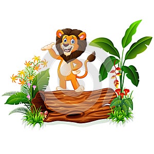Cartoon lion presenting on tree trunk