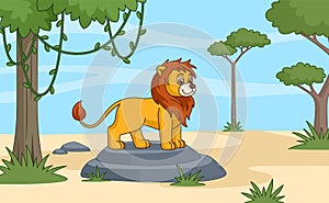 Cartoon lion in savannah stand on rock. Cute leo character in african landscape. Childish vector wild animal tale