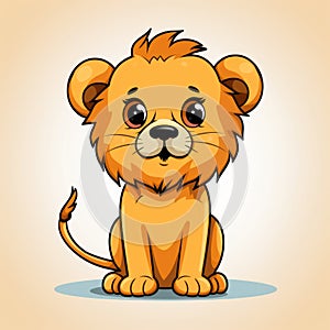 Cartoon Lion Sitting On Beige Background - Cute Children\'s Drawing Style