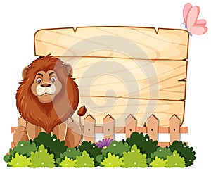 A lion sitting by a blank wooden sign