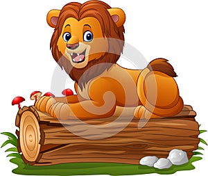 Cartoon lion sitting on a tree log