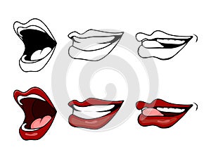 Cartoon lips smile set isolated on white background