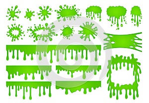 Cartoon liquid slime. Green goo paint drops, spooky splash border and scary halloween stain vector set