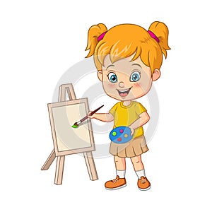 Cartoon little artist girl painting on canvas