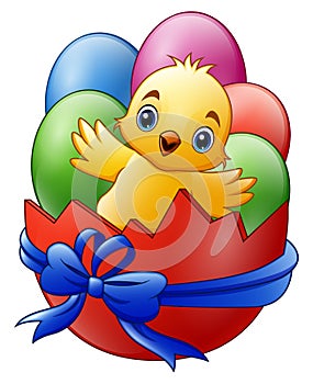 Cartoon little baby chicken with colored eggs in the red broken eggshell