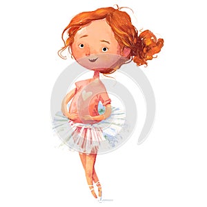 Cartoon little ballerina with curly red hairs