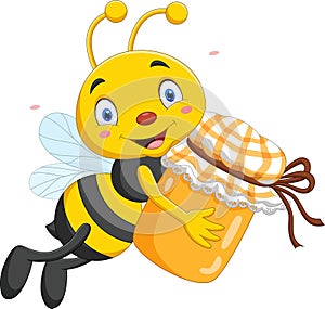 Cartoon little bee holding honey jar