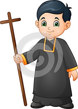 Cartoon little boy altar server in uniform holding a cross