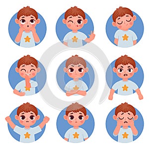 Cartoon little boy avatar face emotions and feelings. Child emoji confused, angry, laugh and cry. Boy character facial