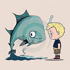 Cartoon little boy with a big fish. illustration. Generative AI