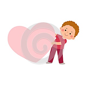 Cartoon little boy with big pink heart. Valentines Day concept