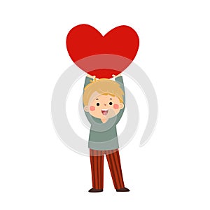 Cartoon little boy with big red heart. Valentines Day concept