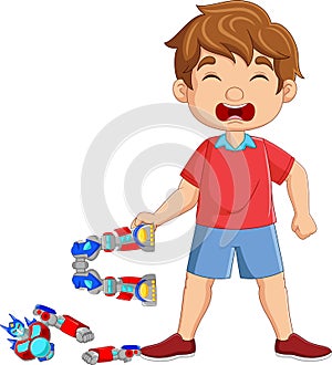 Cartoon little boy crying because robot toy broken