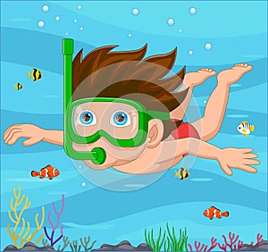 Cartoon little boy diving in underwater sea