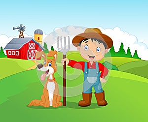 Cartoon little boy and dog in the farm
