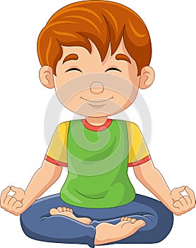 Cartoon little boy doing lotus yoga position