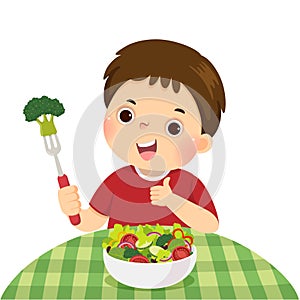 Cartoon of a little boy eating fresh vegetable salad and showing thumb up sign