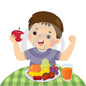 Cartoon of a little boy eating red apple and showing his strength