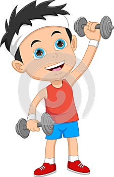 Cartoon little boy exercising with dumbbells