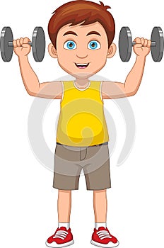 cartoon little boy exercising with dumbbells