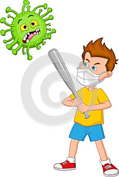 cartoon little boy fighting with virus