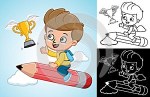 Cartoon little boy on flying big pencil chasing golden trophy