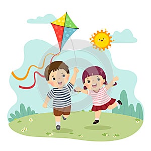 Cartoon of a little boy and girl flying the kite. Siblings playing together