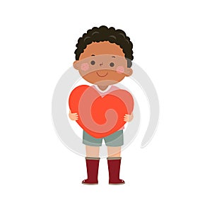 Cartoon little boy holding big red heart. Valentines Day concept