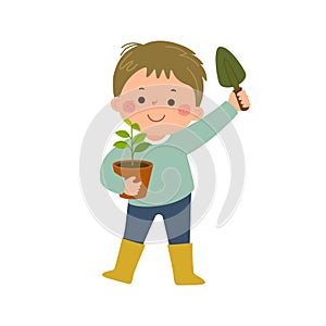 Cartoon little boy holding garden shovel and young plant in pot
