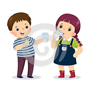 Cartoon of a little boy holding glass of water and showing thumb up sign with girl drinking water