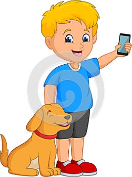 Cartoon little boy holding a mobile phone with his pet dog