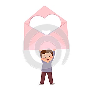 Cartoon little boy holding open envelope letter with white heart. Valentines Day concept