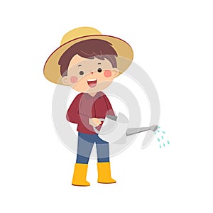 Cartoon little boy holding watering can pouring water