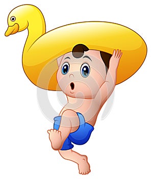 Cartoon little boy with inflatable rubber duck