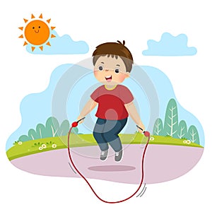 Cartoon of little boy jumping rope in the park