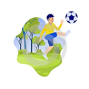 Cartoon Little Boy Kicking Ball on Green Field