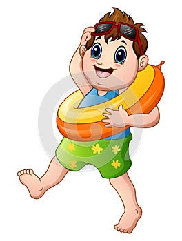 Cartoon little boy with lifebuoy walking