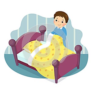 Cartoon of a little boy making the bed. Kids doing housework chores at home concept