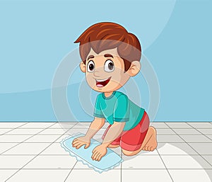 Cartoon little boy mopping the floor