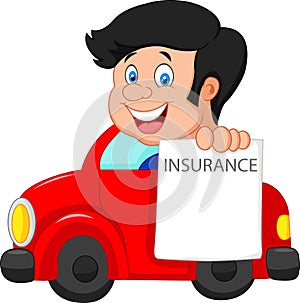 Cartoon little boy notify to join insurance