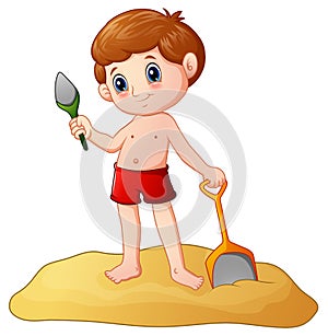 Cartoon little boy playing sand with a shovel