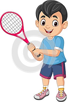 Cartoon little boy playing tennis