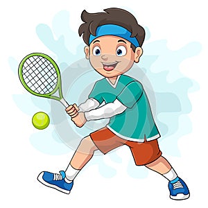 Cartoon little boy playing tennis