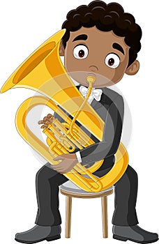 Cartoon little boy playing a trombone