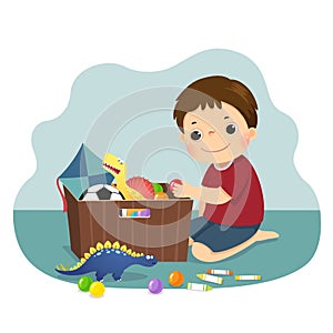 Cartoon of a little boy putting his toys into the box. Kids doing housework chores at home concept